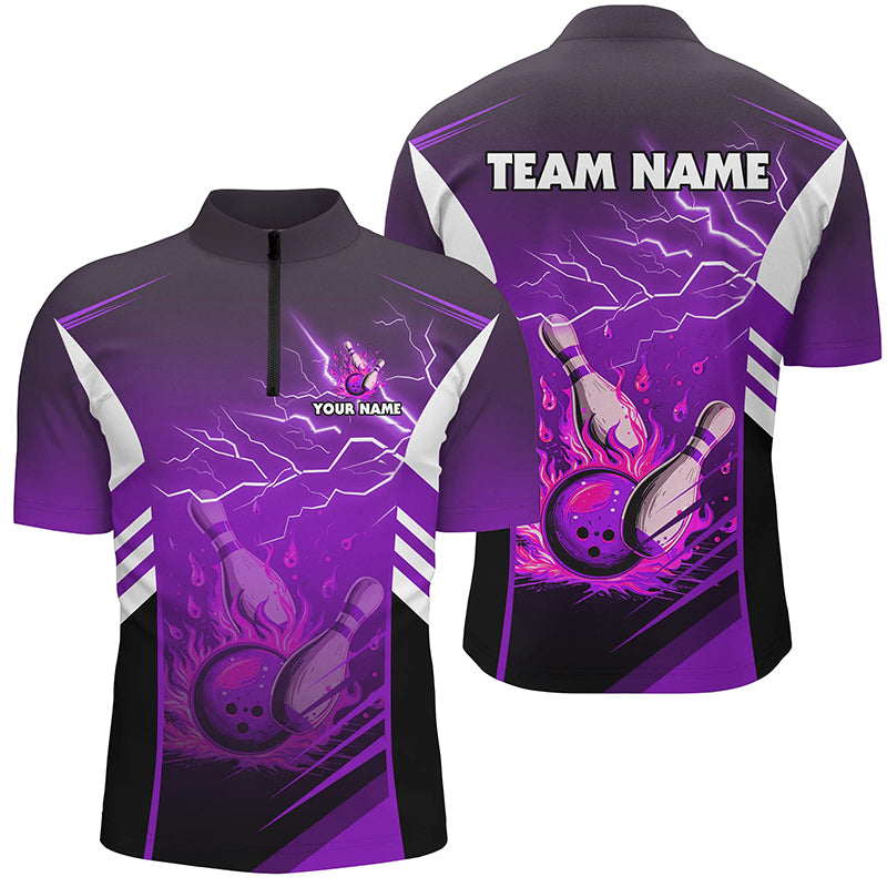 Flame bowling ball & pins lightning custom Men Bowling Quarter Zip Shirt, team bowling jersey | Purple NQS7479