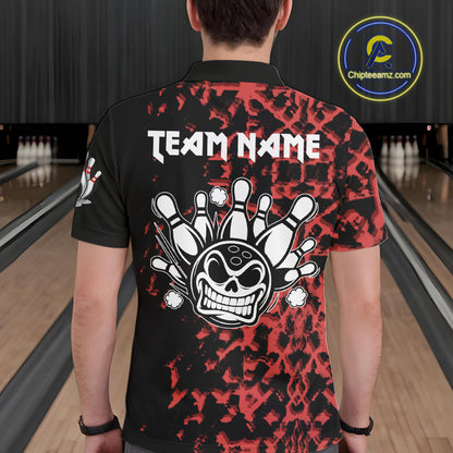 Black and Red Camo Funny Skull Bowling Polo, Quarter Zip Shirt for Men Custom Bowling Team Jersey NQS9969