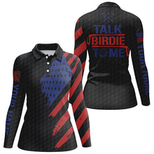 Load image into Gallery viewer, Funny Womens golf polo shirts custom American flag patriotic black golf shirts talk birdie to me NQS7823