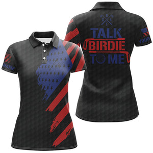 Funny Womens golf polo shirts custom American flag patriotic black golf shirts talk birdie to me NQS7823