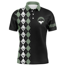 Load image into Gallery viewer, Green argyle pattern black Mens golf polo shirts custom name golf tops for mens, golfing gifts NQS5943