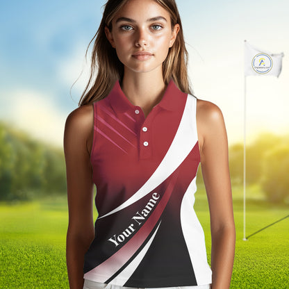 Women Sleeveless Polo Shirt custom name red and white golf shirt, tournament golf tops for ladies NQS10259