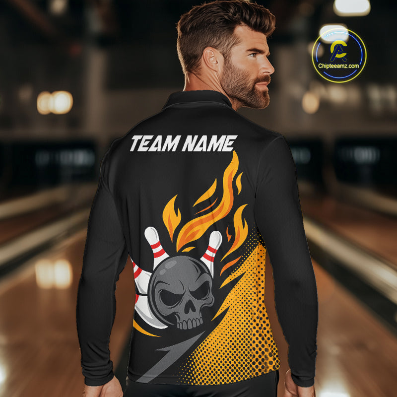 Custom Black and Yellow Flame Skull Bowling shirts for Men, bowling team league jerseys with Name NQS10263