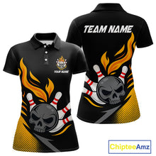 Load image into Gallery viewer, Custom Black and Yellow Flame Skull Bowling shirts for Women, bowling team league jerseys with Name NQS10263