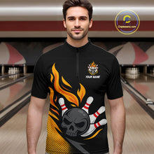 Load image into Gallery viewer, Custom Black and Yellow Flame Skull Bowling shirts for Men, bowling team league jerseys with Name NQS10263