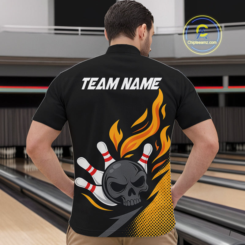 Custom Black and Yellow Flame Skull Bowling shirts for Men, bowling team league jerseys with Name NQS10263