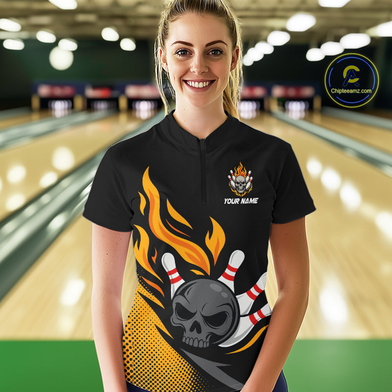 Custom Black and Yellow Flame Skull Bowling shirts for Women, bowling team league jerseys with Name NQS10263