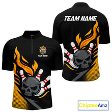 Load image into Gallery viewer, Custom Black and Yellow Flame Skull Bowling shirts for Men, bowling team league jerseys with Name NQS10263