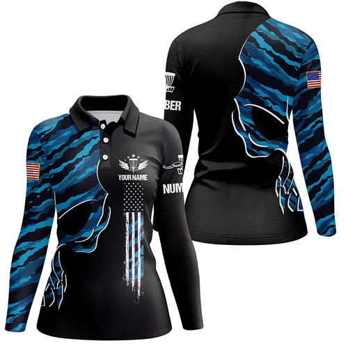 Blue camo skull black US flag custom name and number Womens polo shirts, ladies disco golf outfit NQS6141