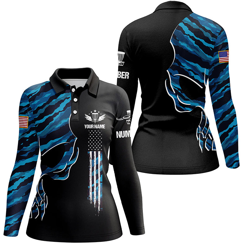 Blue camo skull black US flag custom name and number Womens polo shirts, ladies disco golf outfit NQS6141