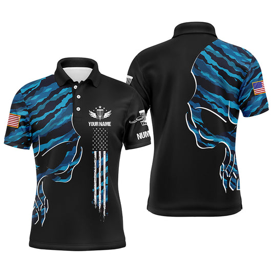 Blue camo skull black US flag custom name, number Men disc golf polo shirts, disco golf outfit for men NQS6141