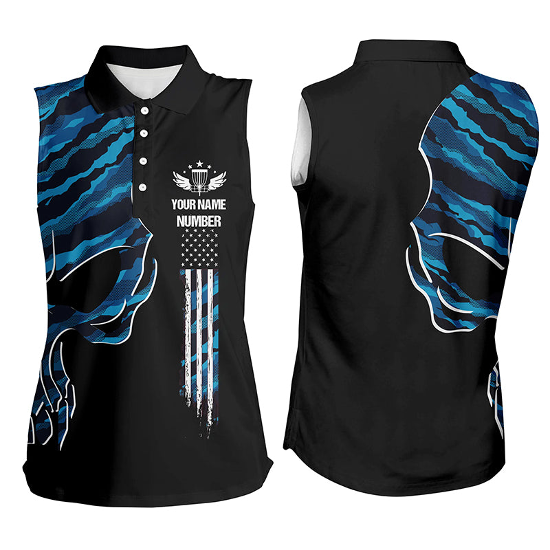 Blue camo skull black US flag custom name, number Womens sleeveless polo shirt, disco golf outfit NQS6141