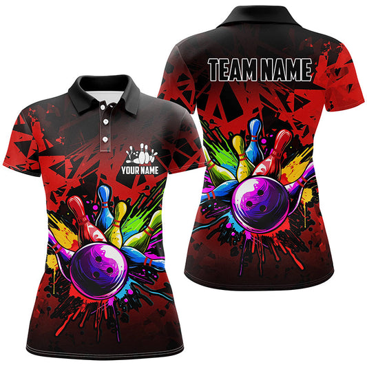 Colorful bowling jersey Polo, 1/4 Zip Shirt for Women Custom Bowling Team shirts for bowler| Red NQS8257