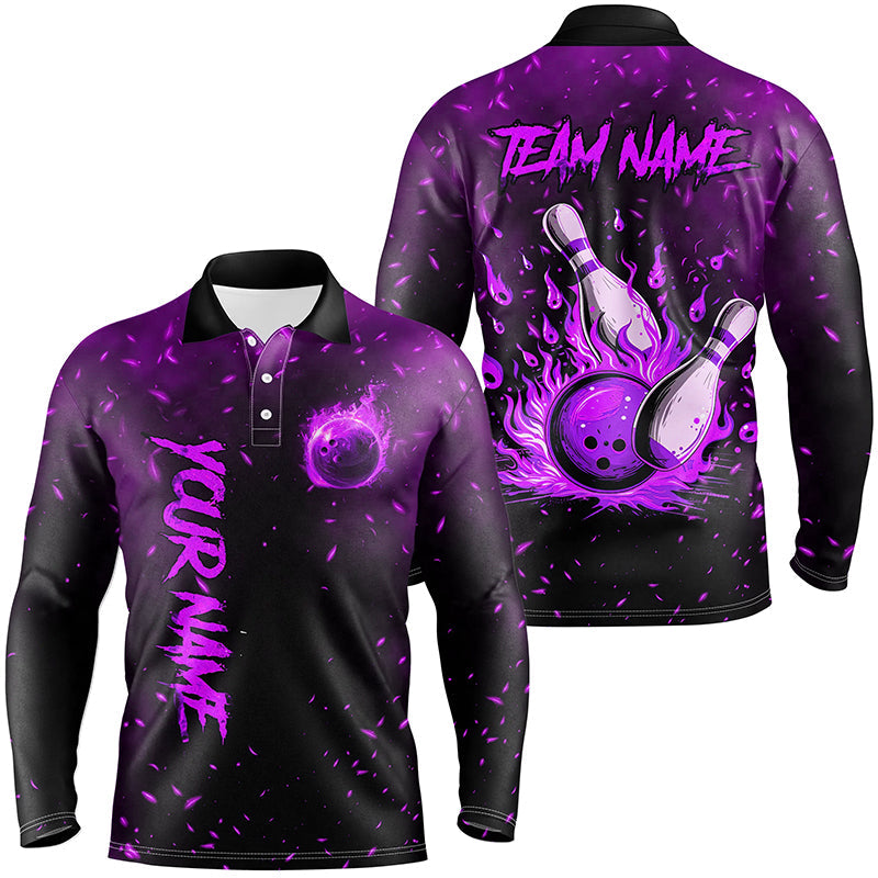 Purple Flame Bowling Jerseys For Men Custom Bowling Polo, Quarter-Zip Shirt for Team, Gift for Bowler NQS8466