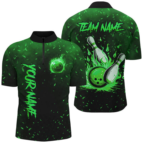Green Flame Bowling Jerseys For Men Custom Bowling Polo, Quarter-Zip Shirt for Team, Gift for Bowler NQS8468