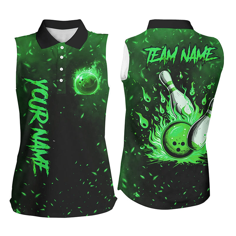 Green Flame Bowling Jerseys For Women Custom Bowling Sleeveless Polo shirts for Team, Gift for Bowler NQS8468
