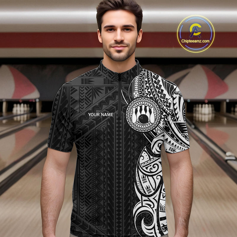 Black and White Tribal pattern Men Bowling Shirt Custom Bowling outfit men Team bowling league jersey NQS10648