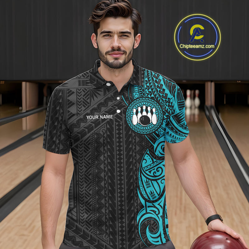 Black and Cyan Blue Tribal pattern Men Bowling Shirt Custom Bowling outfit men Team bowling jersey NQS10649