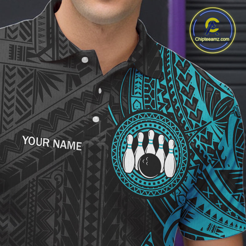 Black and Cyan Blue Tribal pattern Men Bowling Shirt Custom Bowling outfit men Team bowling jersey NQS10649