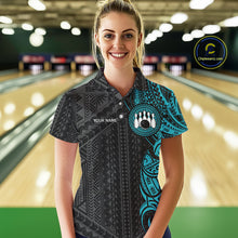 Load image into Gallery viewer, Black &amp; Cyan Blue Tribal pattern Women Bowling Shirt Custom Bowling outfit ladies Team bowling jersey NQS10649