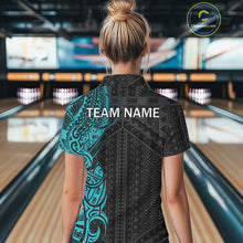 Load image into Gallery viewer, Black &amp; Cyan Blue Tribal pattern Women Bowling Shirt Custom Bowling outfit ladies Team bowling jersey NQS10649