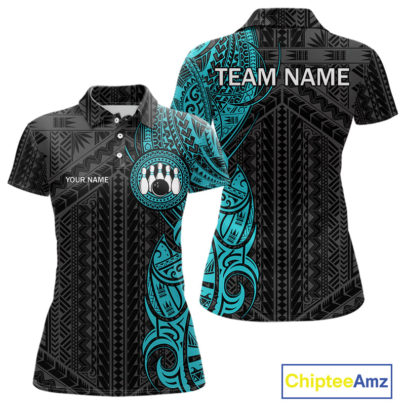 Black & Cyan Blue Tribal pattern Women Bowling Shirt Custom Bowling outfit ladies Team bowling jersey NQS10649