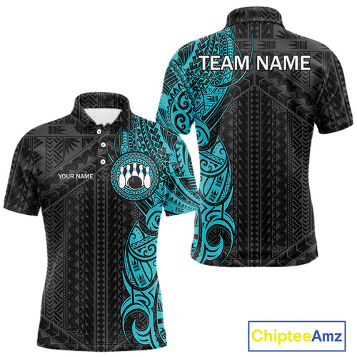 Black and Cyan Blue Tribal pattern Men Bowling Shirt Custom Bowling outfit men Team bowling jersey NQS10649