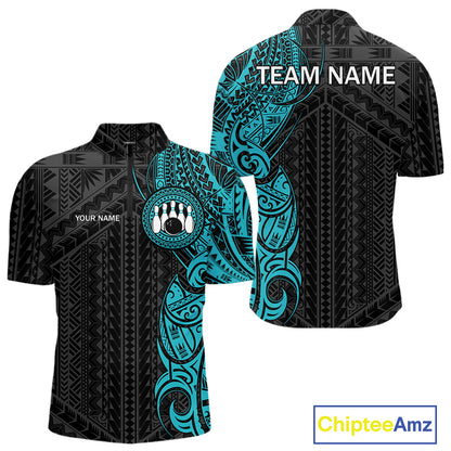 Black and Cyan Blue Tribal pattern Men Bowling Shirt Custom Bowling outfit men Team bowling jersey NQS10649