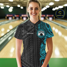 Load image into Gallery viewer, Black &amp; Cyan Blue Tribal pattern Women Bowling Shirt Custom Bowling outfit ladies Team bowling jersey NQS10649