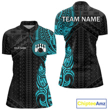 Load image into Gallery viewer, Black &amp; Cyan Blue Tribal pattern Women Bowling Shirt Custom Bowling outfit ladies Team bowling jersey NQS10649