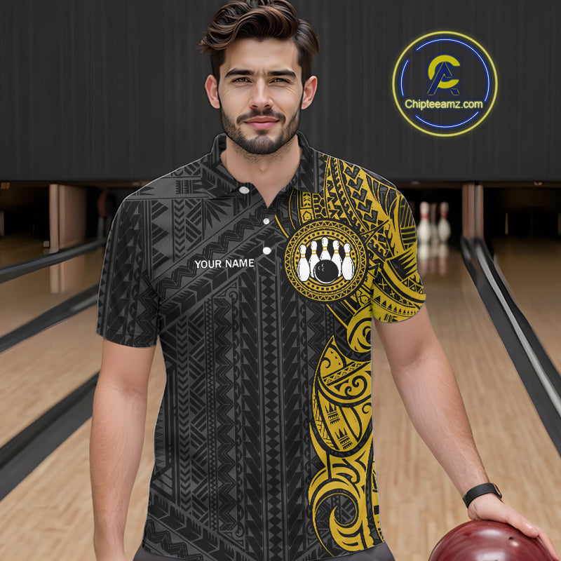 Black and Yellow Tribal pattern Men Bowling Shirt Custom Bowling outfit men Team bowling jersey NQS10650