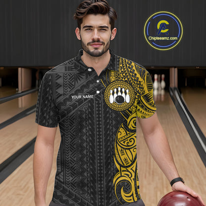 Black and Yellow Tribal pattern Men Bowling Shirt Custom Bowling outfit men Team bowling jersey NQS10650