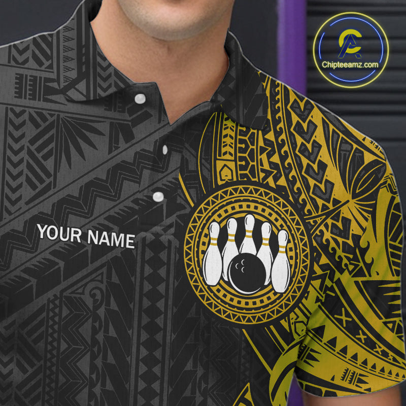 Black and Yellow Tribal pattern Men Bowling Shirt Custom Bowling outfit men Team bowling jersey NQS10650