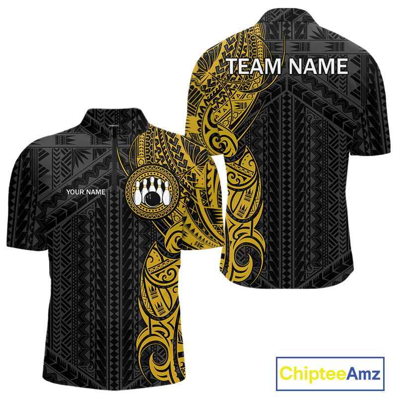 Black and Yellow Tribal pattern Men Bowling Shirt Custom Bowling outfit men Team bowling jersey NQS10650