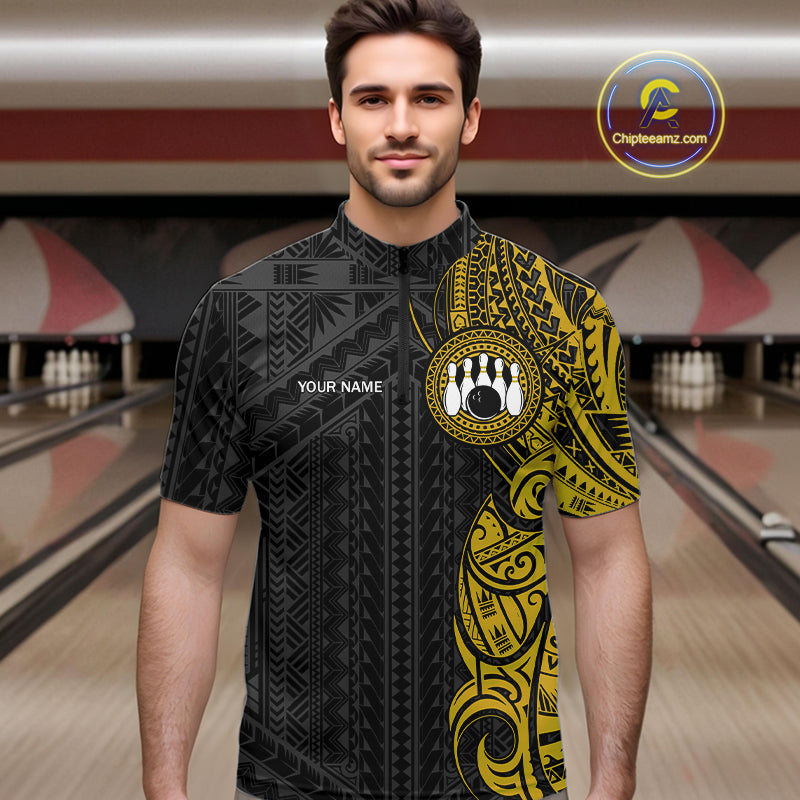 Black and Yellow Tribal pattern Men Bowling Shirt Custom Bowling outfit men Team bowling jersey NQS10650