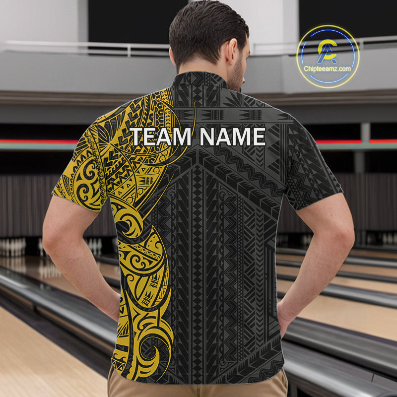 Black and Yellow Tribal pattern Men Bowling Shirt Custom Bowling outfit men Team bowling jersey NQS10650