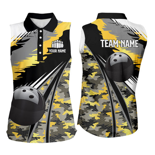 Women Sleeveless Polo bowling shirt Custom black ball Gold camo Bowling Team Jersey, gift for Bowler NQS8712