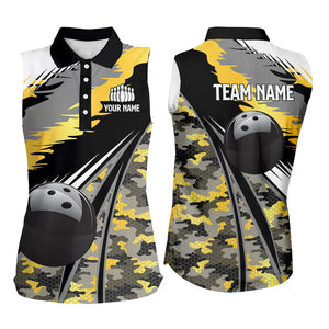 Women Sleeveless Polo bowling shirt Custom black ball Gold camo Bowling Team Jersey, gift for Bowler NQS8712