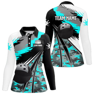 Women bowling shirts Custom black ball Cyan Blue camo Bowling Team Jerseys, gift for Bowler NQS8713