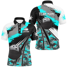 Load image into Gallery viewer, Mens bowling shirts Custom black ball Cyan Blue camo Bowling Team Jerseys, gift for Bowler NQS8713