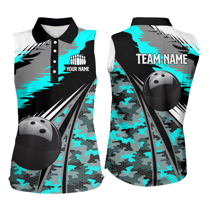 Women Sleeveless Polo shirt Custom black ball Cyan Blue camo Bowling Team Jerseys, gift for Bowler NQS8713