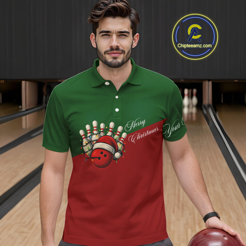 Red and Green Christmas Bowling Polo, Quarter Zip Shirts For Men custom mens bowling jerseys NQS11052