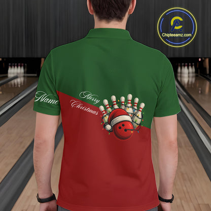 Red and Green Christmas Bowling Polo, Quarter Zip Shirts For Men custom mens bowling jerseys NQS11052