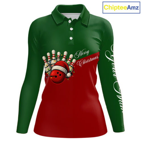 Red and Green Christmas Bowling Polo, Quarter Zip Shirts For Women custom Ladies bowling jerseys NQS11052