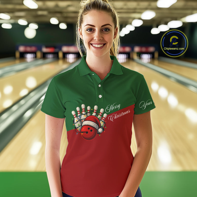 Red and Green Christmas Bowling Polo, Quarter Zip Shirts For Women custom Ladies bowling jerseys NQS11052