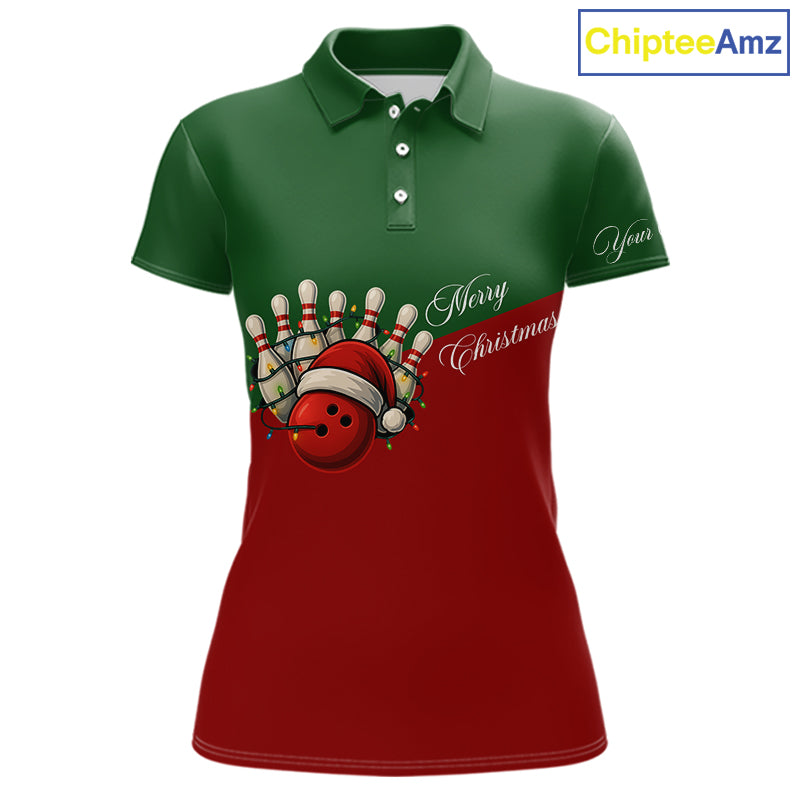 Red and Green Christmas Bowling Polo, Quarter Zip Shirts For Women custom Ladies bowling jerseys NQS11052