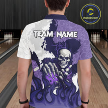 Load image into Gallery viewer, White and Purple Camo Flame Lightning Skull Bowling Shirts For Men Custom Bowling Team Jerseys NQS11055