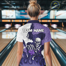 Load image into Gallery viewer, White and Purple Camo Flame Lightning Skull Bowling Shirts For Women Custom Bowling Team Jerseys NQS11055