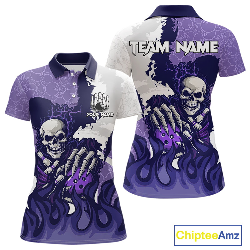 White and Purple Camo Flame Lightning Skull Bowling Shirts For Women Custom Bowling Team Jerseys NQS11055