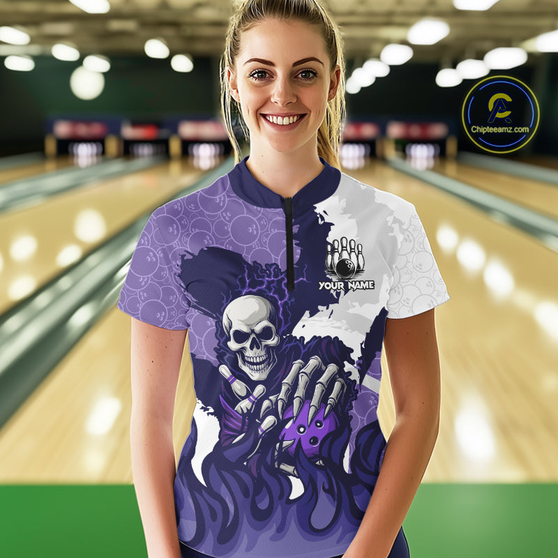 White and Purple Camo Flame Lightning Skull Bowling Shirts For Women Custom Bowling Team Jerseys NQS11055
